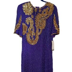 Laurence Kazar Dragon Pattern Sequin Beaded Dress blue/purple/gold 100% Silk, 2X